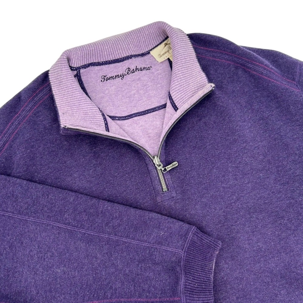 Tommy Bahama Reversible Quarter Zip Sweater Mens XXL Purple Cotton Pullover
